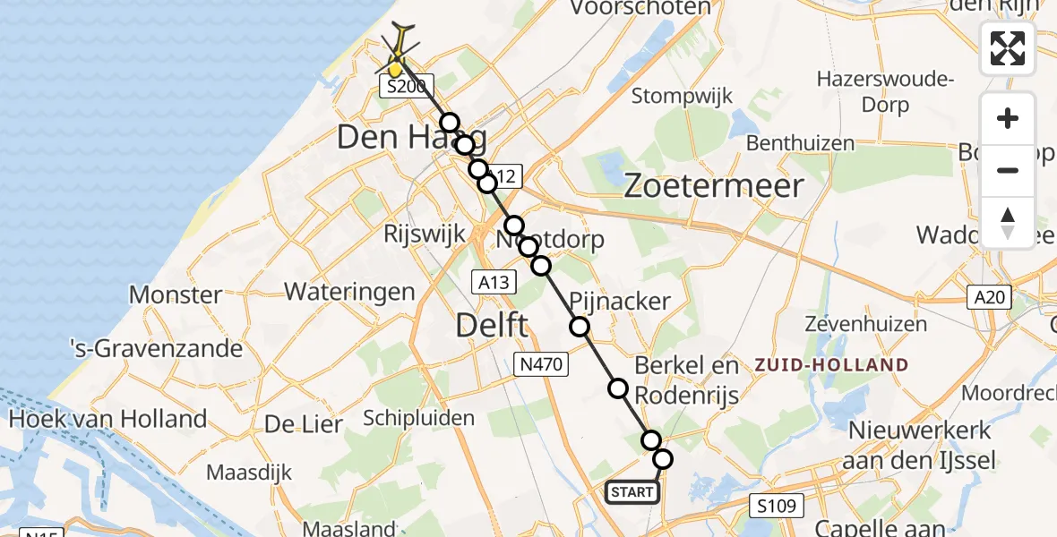 Routekaart van de vlucht: Lifeliner 2 naar Den Haag, Woensdrechtstraat