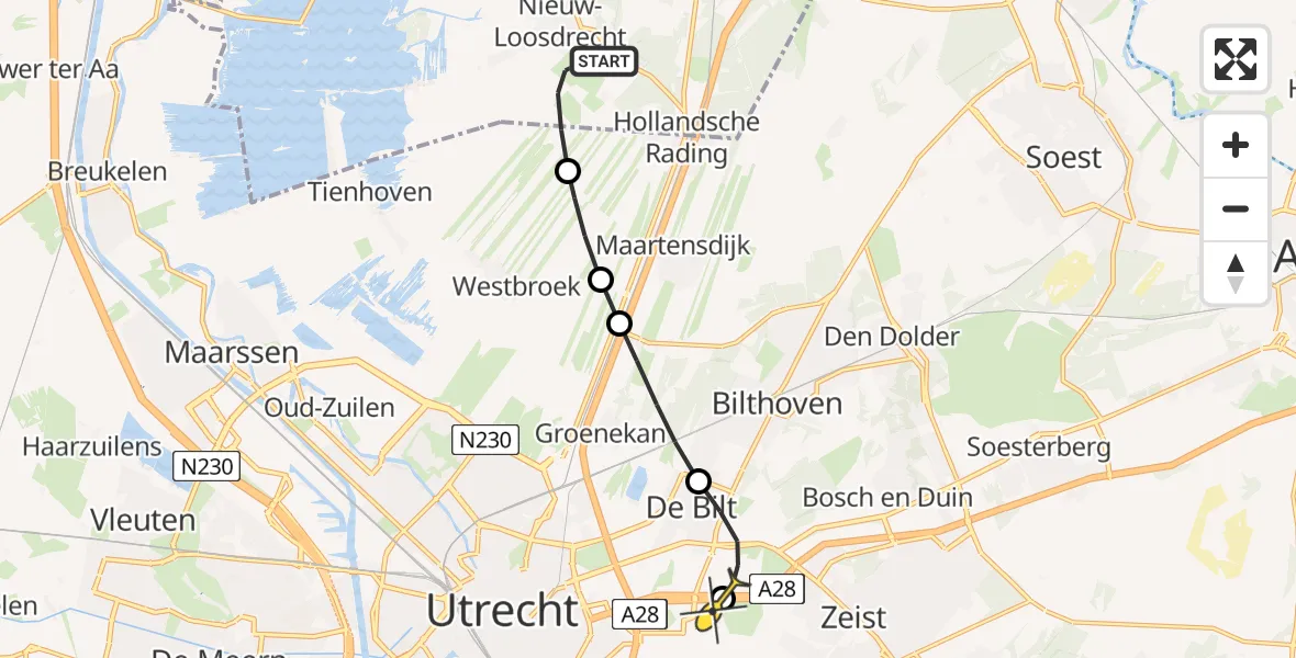 Routekaart van de vlucht: Lifeliner 3 naar Universitair Medisch Centrum Utrecht, Noodweg