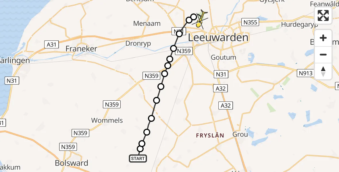 Routekaart van de vlucht: Ambulancehelikopter naar Vliegbasis Leeuwarden, Sânleansterdyk