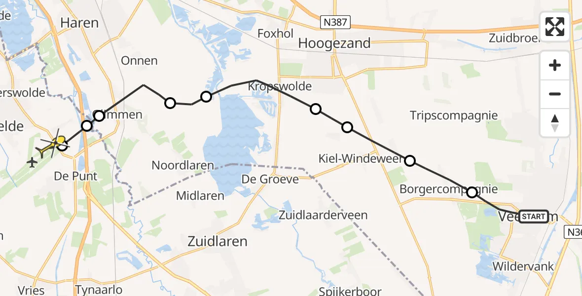 Routekaart van de vlucht: Lifeliner 4 naar Groningen Airport Eelde, Kapiteinspark