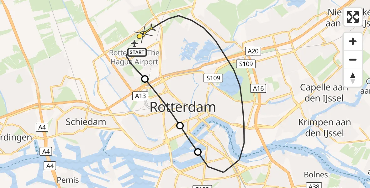 Routekaart van de vlucht: Lifeliner 2 naar Rotterdam The Hague Airport, Zestienhovensebaan