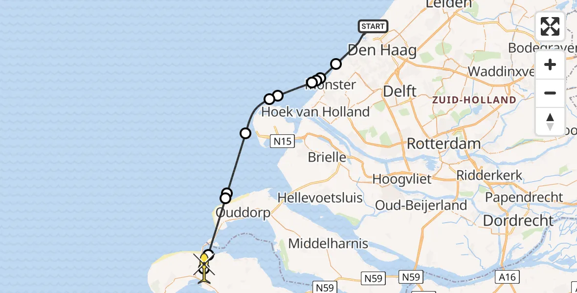 Routekaart van de vlucht: Kustwachthelikopter naar Ellemeet, Strand Noord