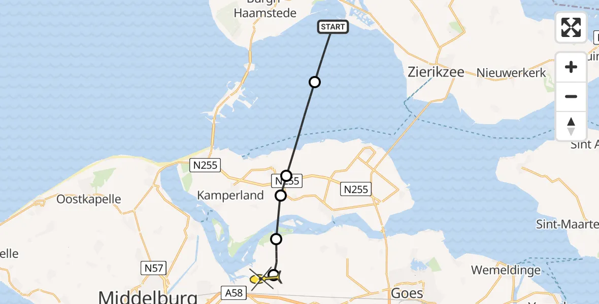 Routekaart van de vlucht: Kustwachthelikopter naar Vliegveld Midden-Zeeland, Calandweg