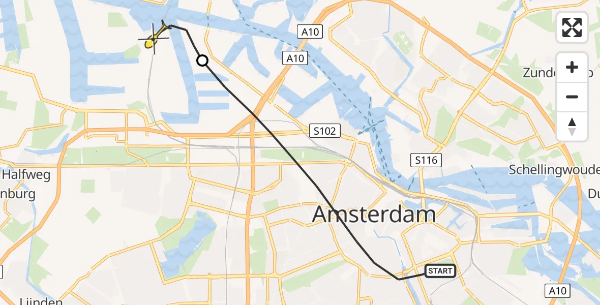 Routekaart van de vlucht: Lifeliner 1 naar Amsterdam Heliport, Hemonystraat