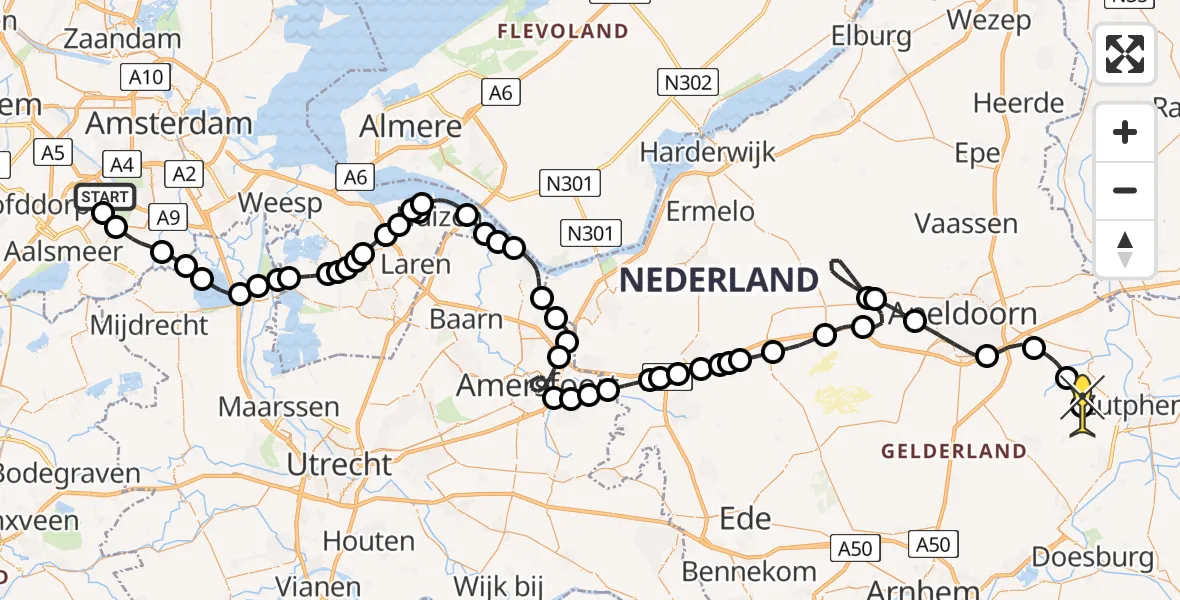 Routekaart van de vlucht: Politieheli naar Tonden, Van Weerden-Poelmanweg