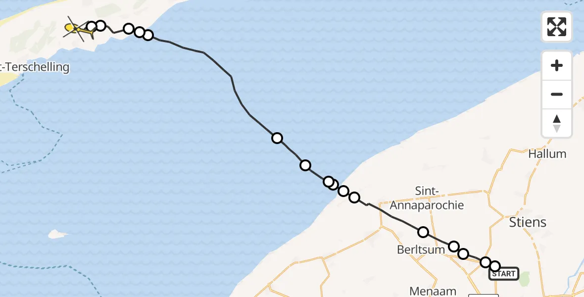 Routekaart van de vlucht: Ambulanceheli naar Midsland, Dyksterhuzen