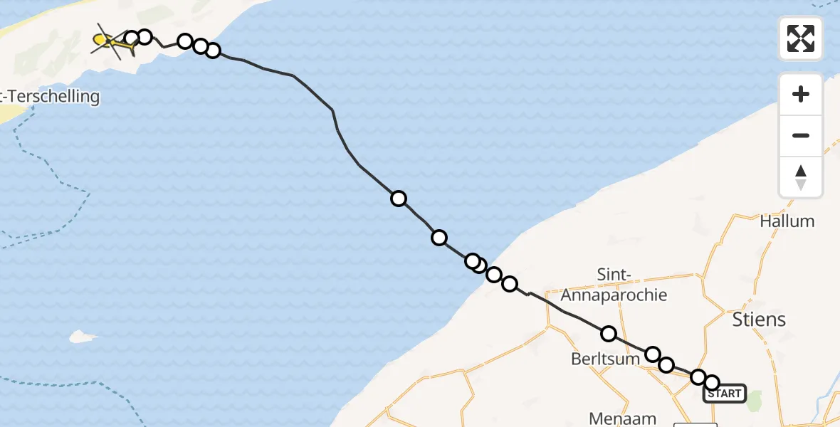 Routekaart van de vlucht: Ambulancehelikopter naar Midsland, Dyksterhuzen