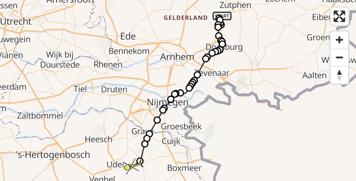 Routekaart van de vlucht: Politieheli naar Vliegbasis Volkel, Knoevenoordstraat