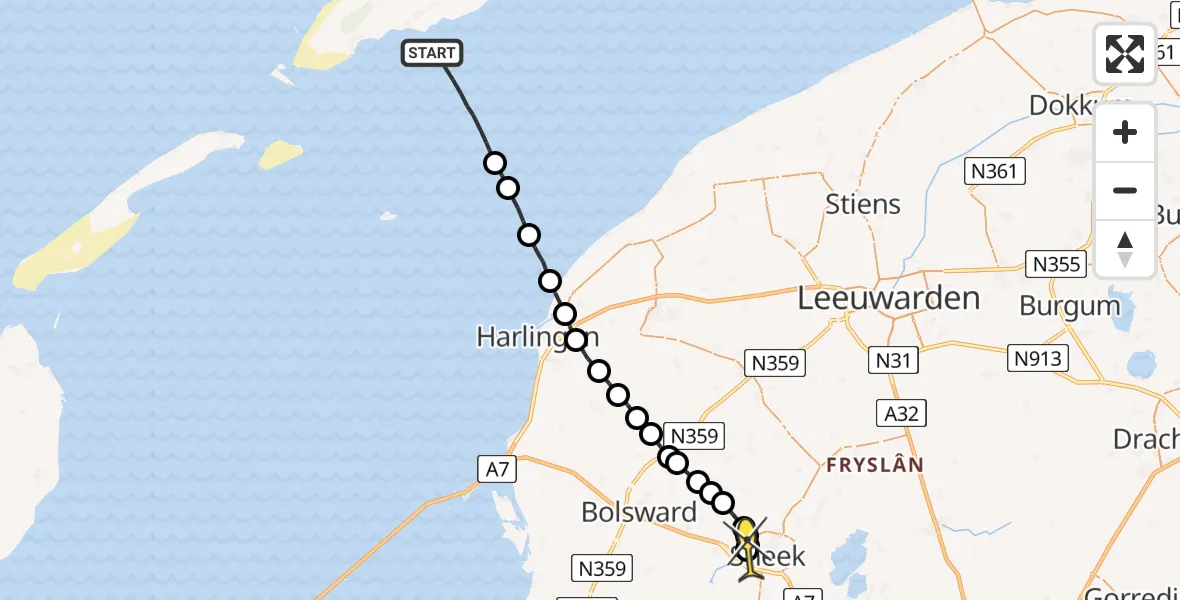 Routekaart van de vlucht: Ambulanceheli naar Sneek, Bolswarderbaan