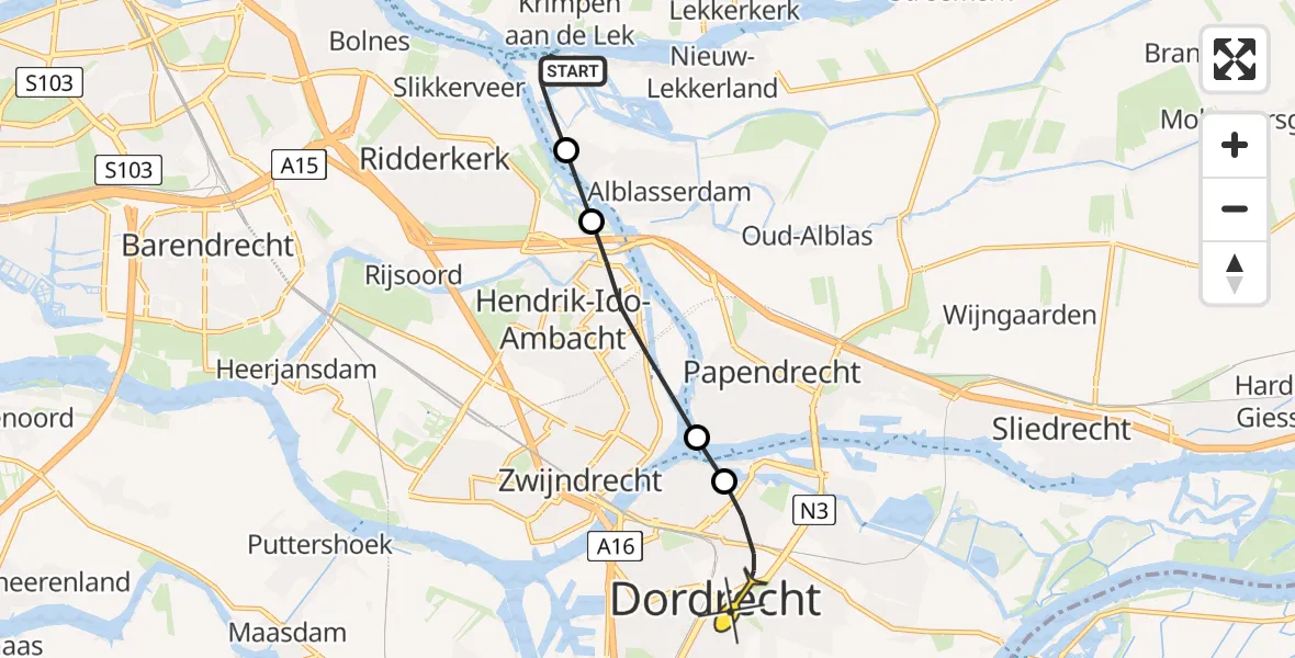 Routekaart van de vlucht: Lifeliner 2 naar Dordrecht, IHC Merwede