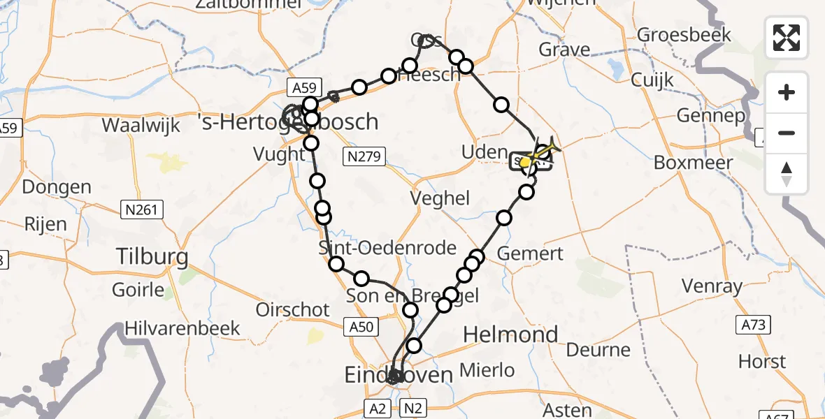 Routekaart van de vlucht: Politieheli naar Vliegbasis Volkel, Rechtestraat