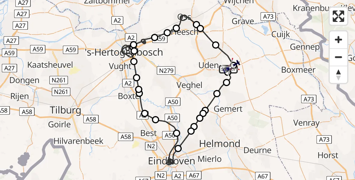 Vluchtroute Politiehelikopter van Vliegbasis Volkel naar Vliegbasis Volkel