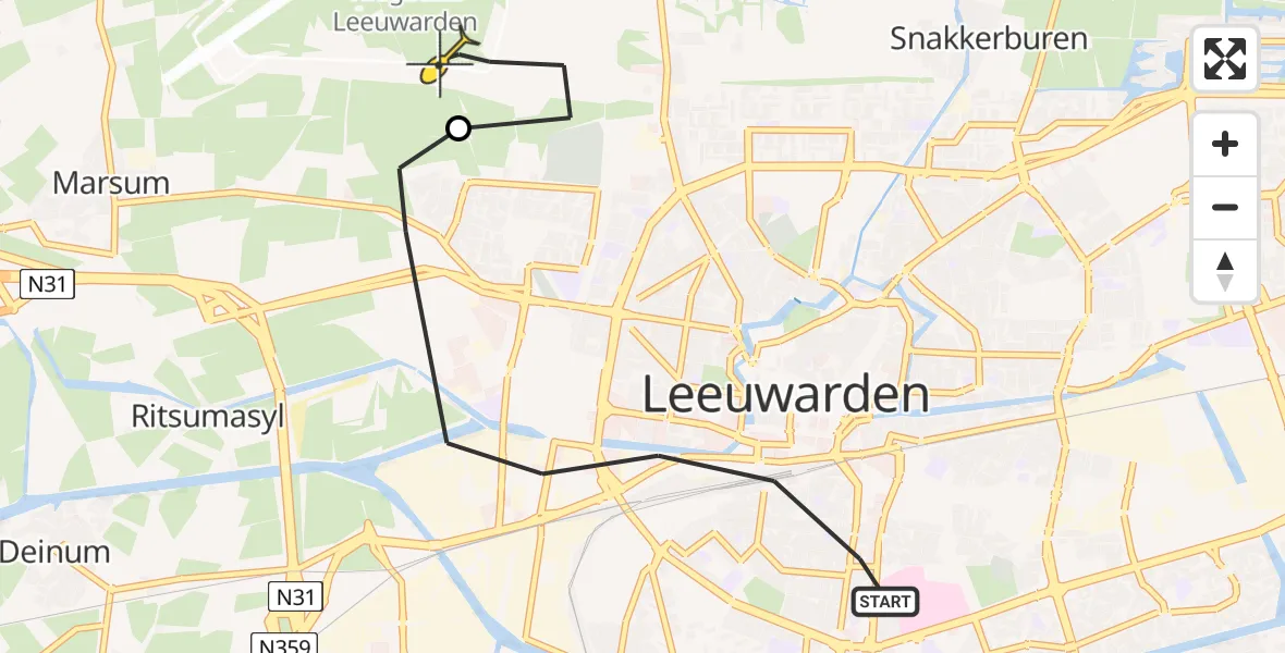 Vluchtroute Ambulancehelikopter van Leeuwarden naar Vliegbasis Leeuwarden