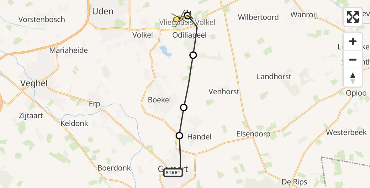 Routekaart van de vlucht: Lifeliner 3 naar Vliegbasis Volkel, De Wouw