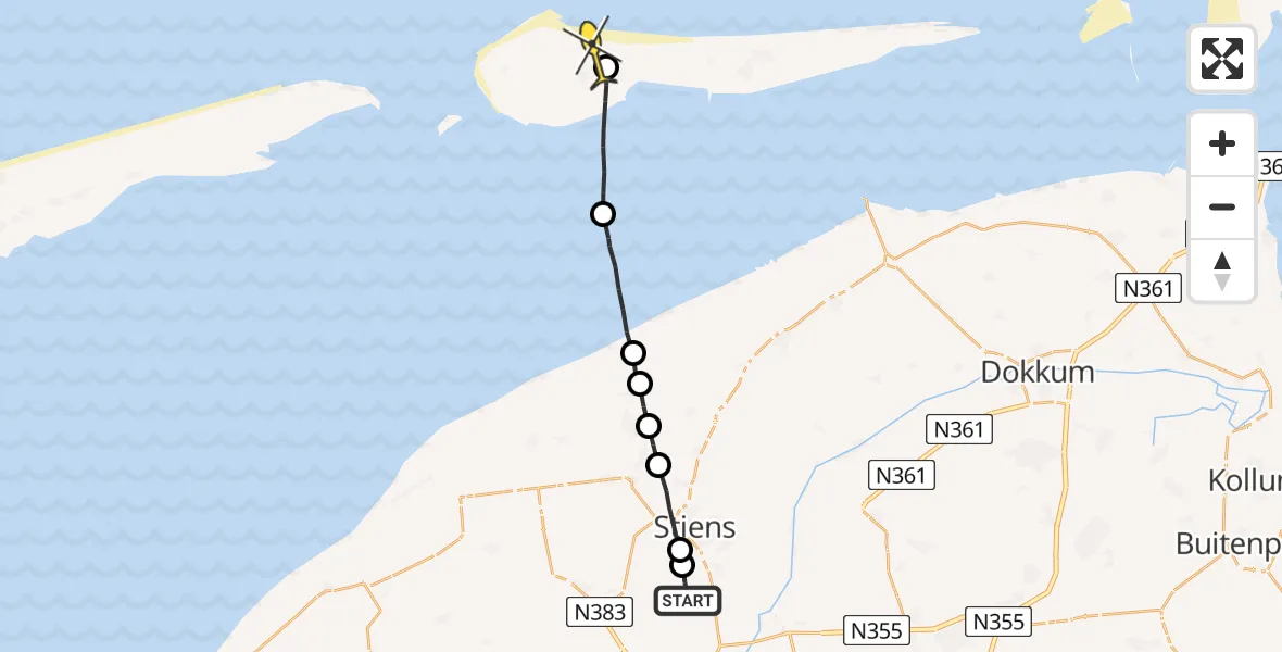 Routekaart van de vlucht: Ambulanceheli naar Ameland Airport Ballum, Nijlânsdyk