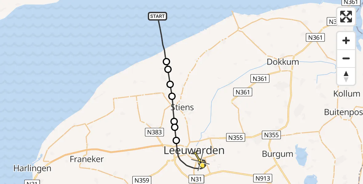 Routekaart van de vlucht: Ambulanceheli naar Leeuwarden, Aldlânsdyk