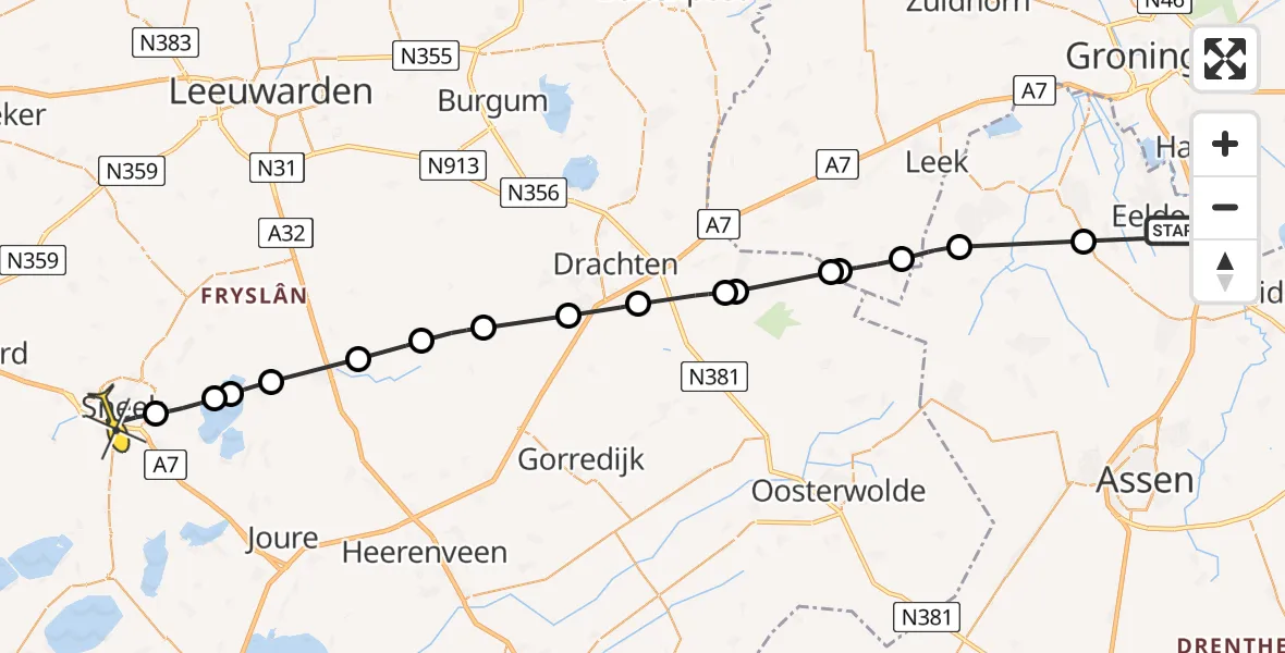 Routekaart van de vlucht: Lifeliner 4 naar Sneek, Veldkampweg