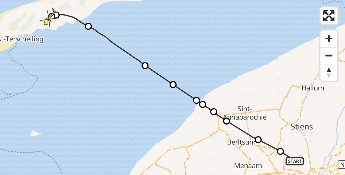 Routekaart van de vlucht: Ambulanceheli naar Midsland, Dyksterhuzen