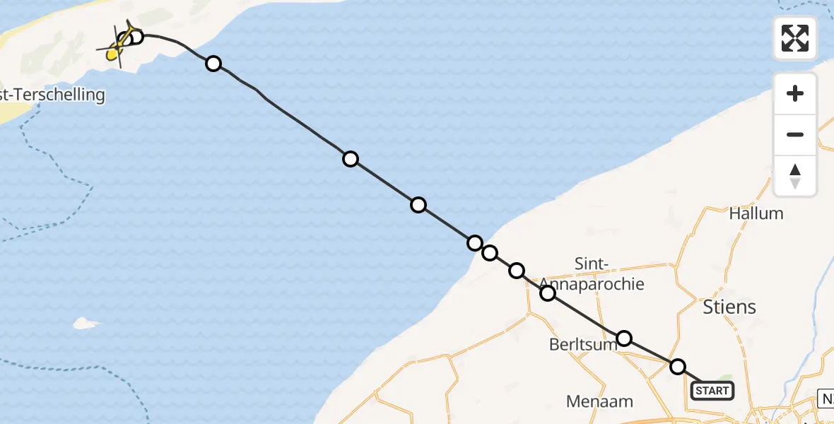Routekaart van de vlucht: Ambulancehelikopter naar Midsland, Dyksterhuzen