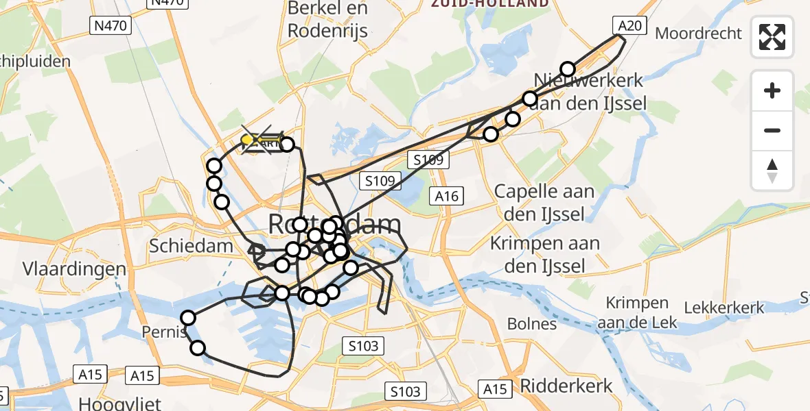 Routekaart van de vlucht: Politieheli naar Rotterdam The Hague Airport, Parallelstraat Oostzijde