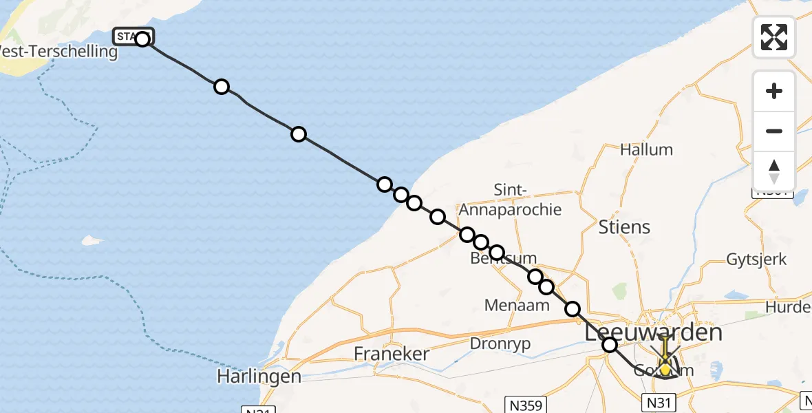 Routekaart van de vlucht: Ambulanceheli naar Leeuwarden, Aldlânsdyk