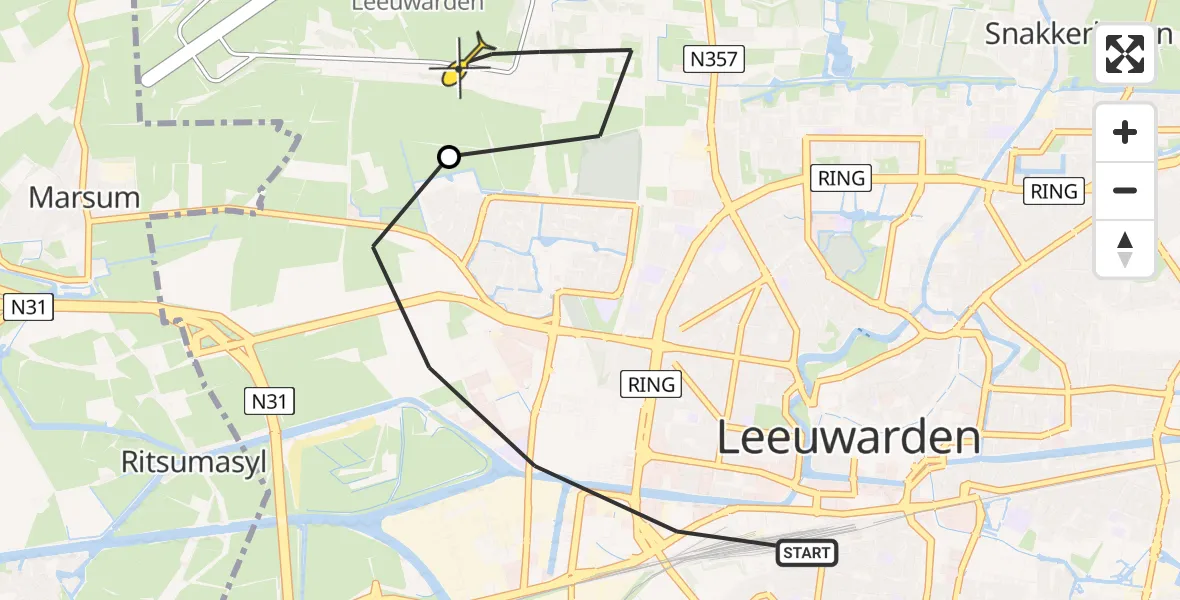 Routekaart van de vlucht: Ambulanceheli naar Vliegbasis Leeuwarden, Harlingertrekweg