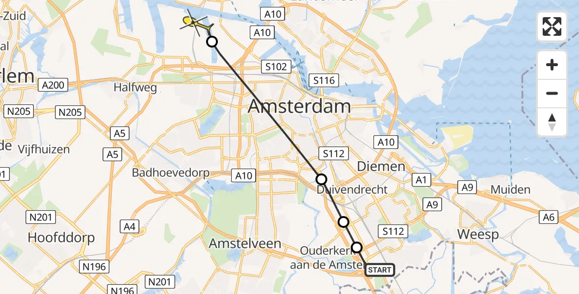 Routekaart van de vlucht: Lifeliner 1 naar Amsterdam Heliport, Schepenbergweg