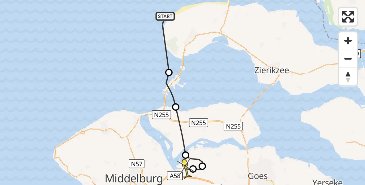 Routekaart van de vlucht: Politiehelikopter naar Vliegveld Midden-Zeeland, Strand Nieuw-Haamstede