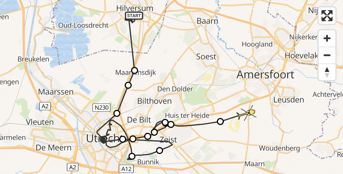 Routekaart van de vlucht: Politieheli naar Leusden, Hilvertsweg