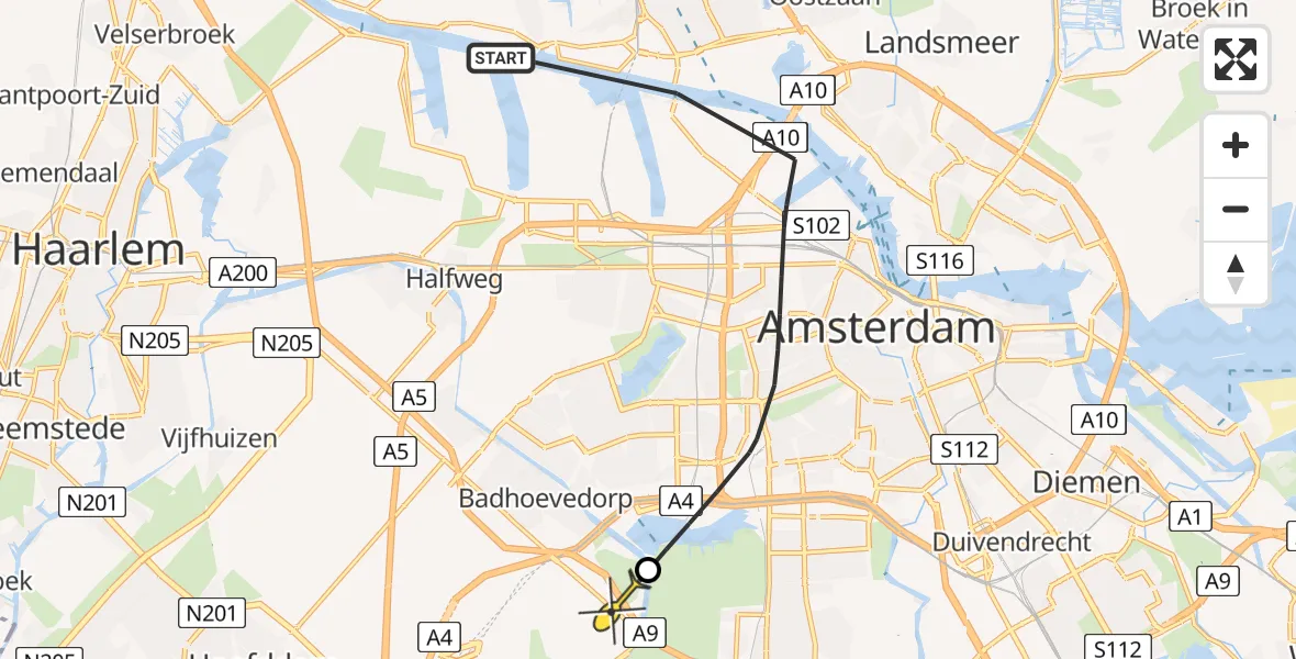 Vluchtroute Politiehelikopter van Amsterdam naar Schiphol