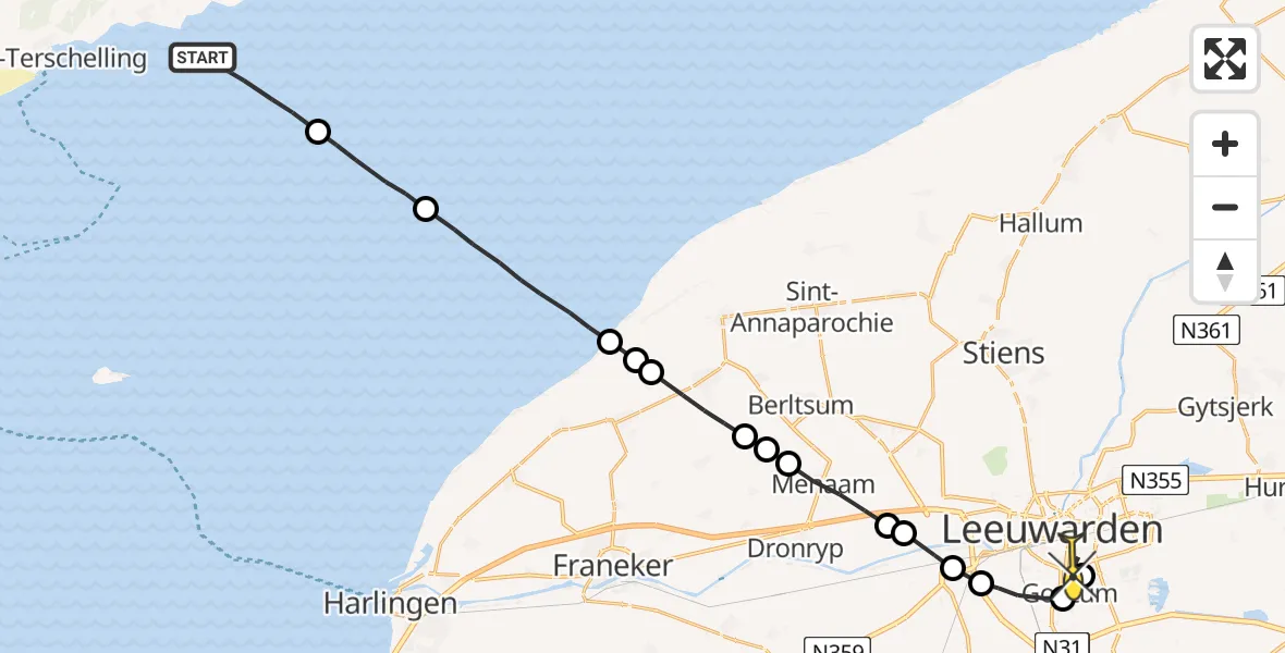 Routekaart van de vlucht: Ambulanceheli naar Leeuwarden, Aldlânsdyk