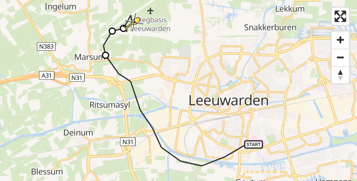 Vluchtroute Ambulancehelikopter van Leeuwarden naar Vliegbasis Leeuwarden