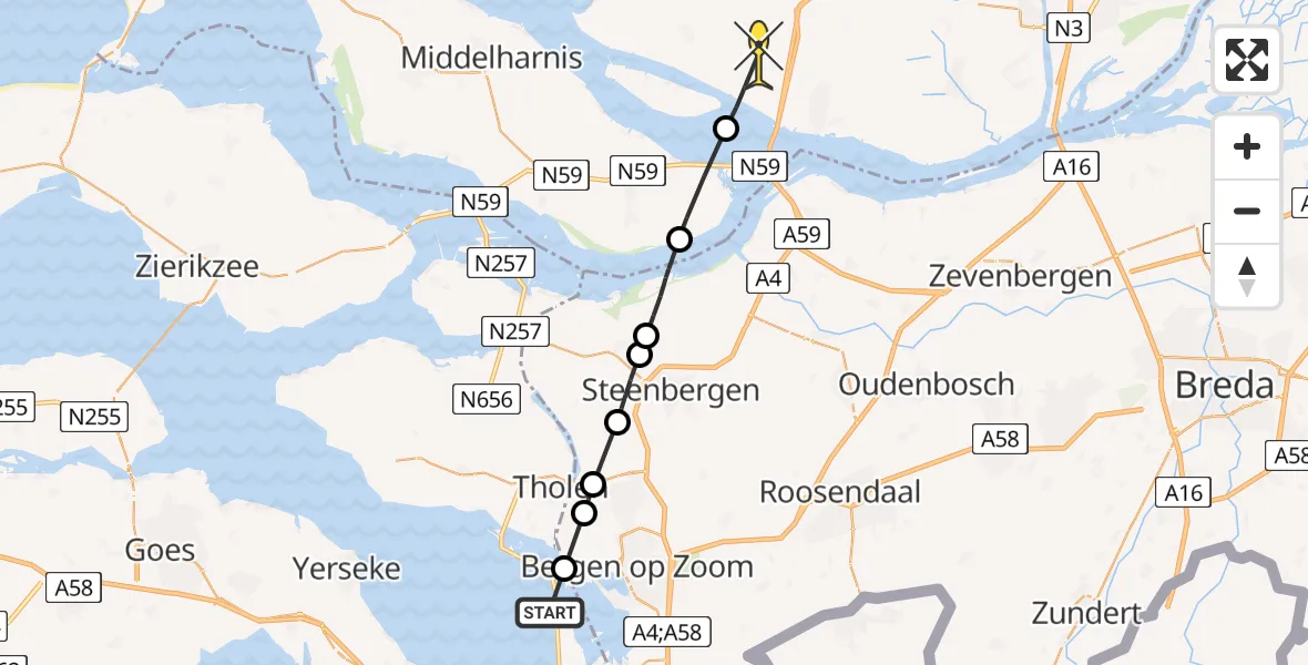 Routekaart van de vlucht: Lifeliner 2 naar Zuid-Beijerland, Markiezaatskade