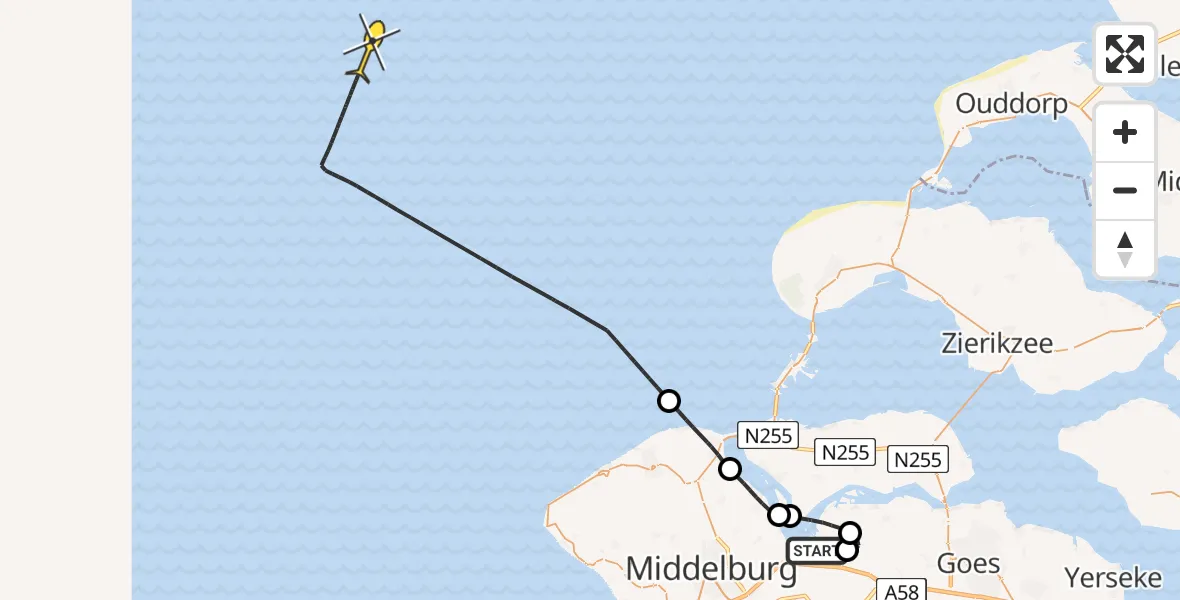 Routekaart van de vlucht: Kustwachthelikopter naar Calandweg