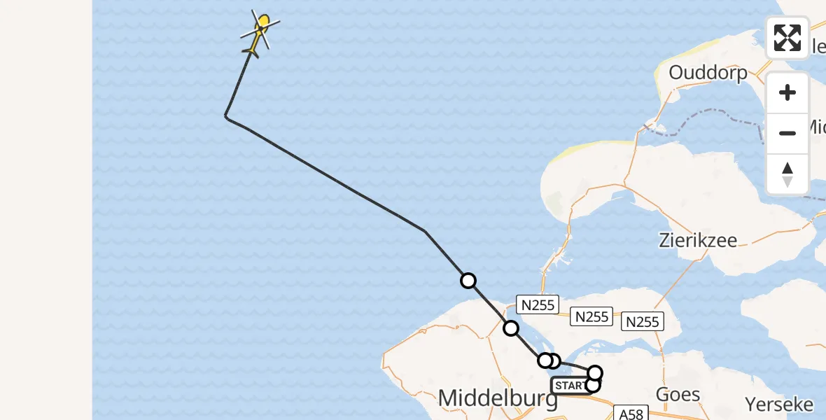 Vluchtroute Kustwachthelikopter van Vliegveld Midden-Zeeland naar 