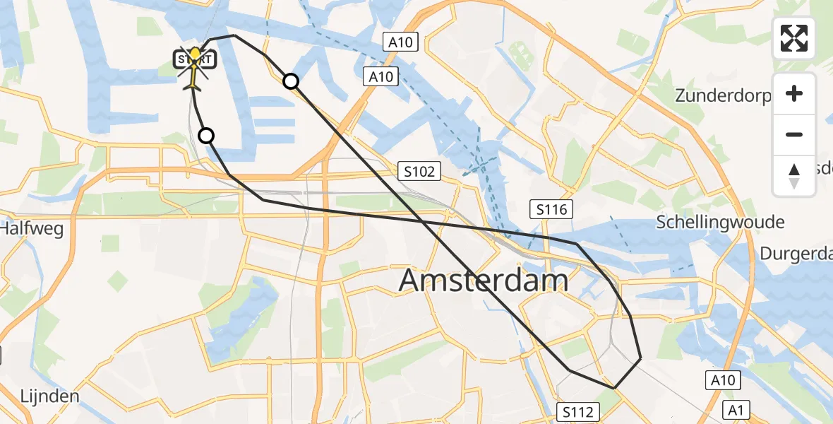 Routekaart van de vlucht: Lifeliner 1 naar Amsterdam Heliport, Hemweg