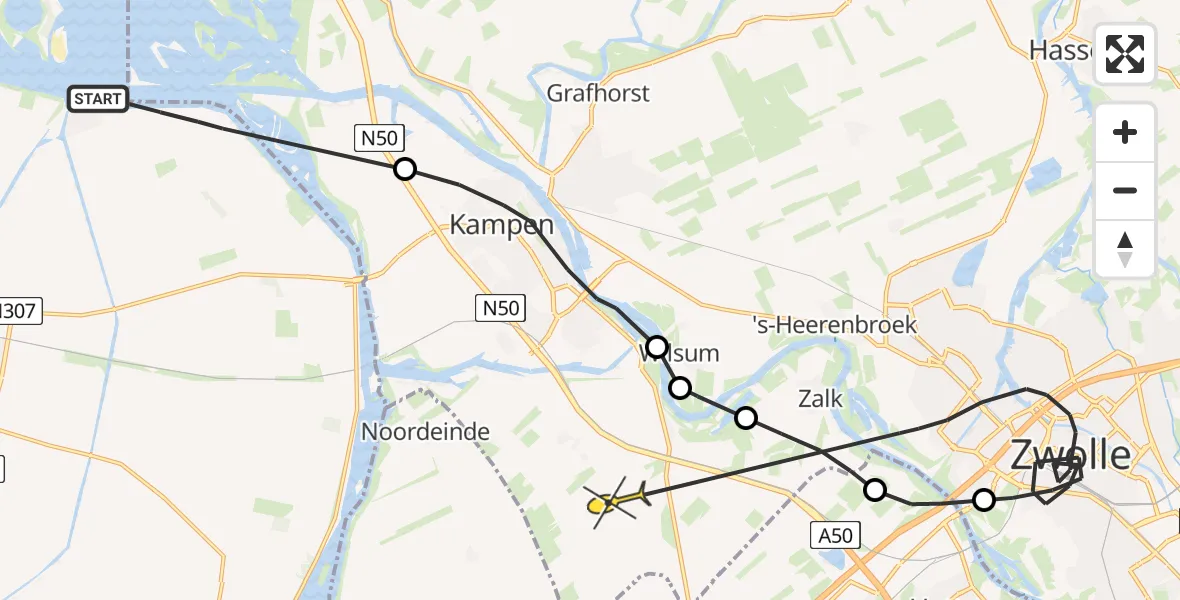 Routekaart van de vlucht: Politieheli naar Kamperveen, Roggebottocht