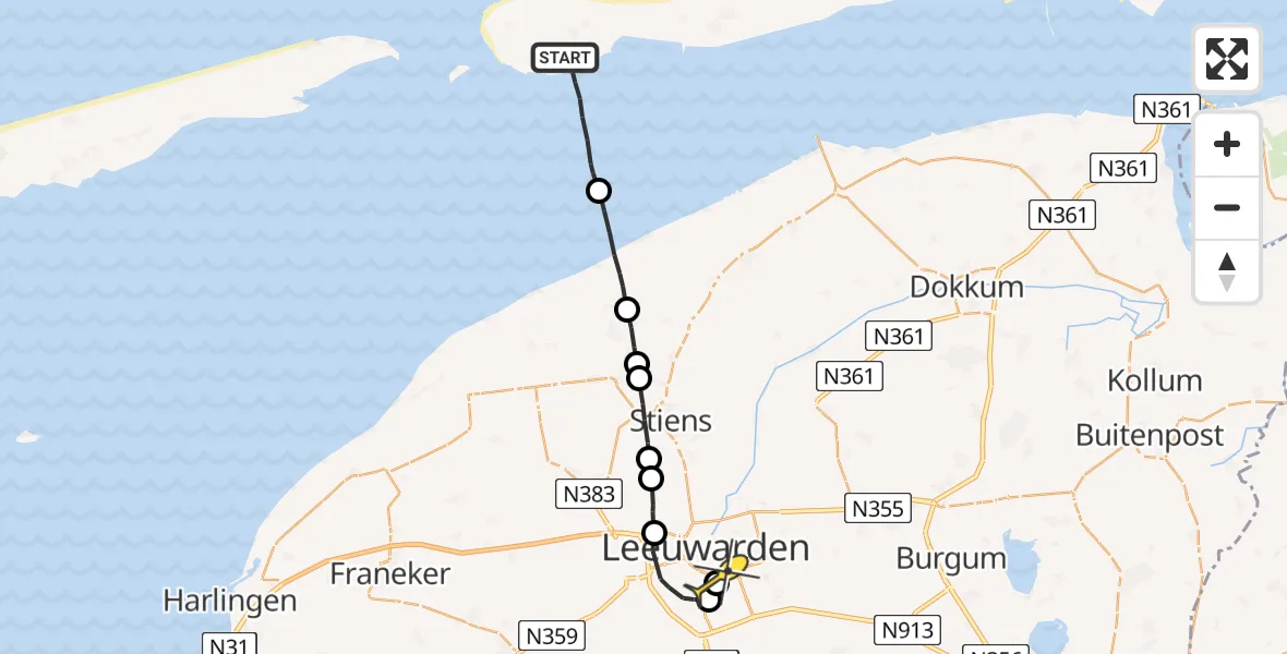 Routekaart van de vlucht: Ambulanceheli naar Leeuwarden, Uithoek