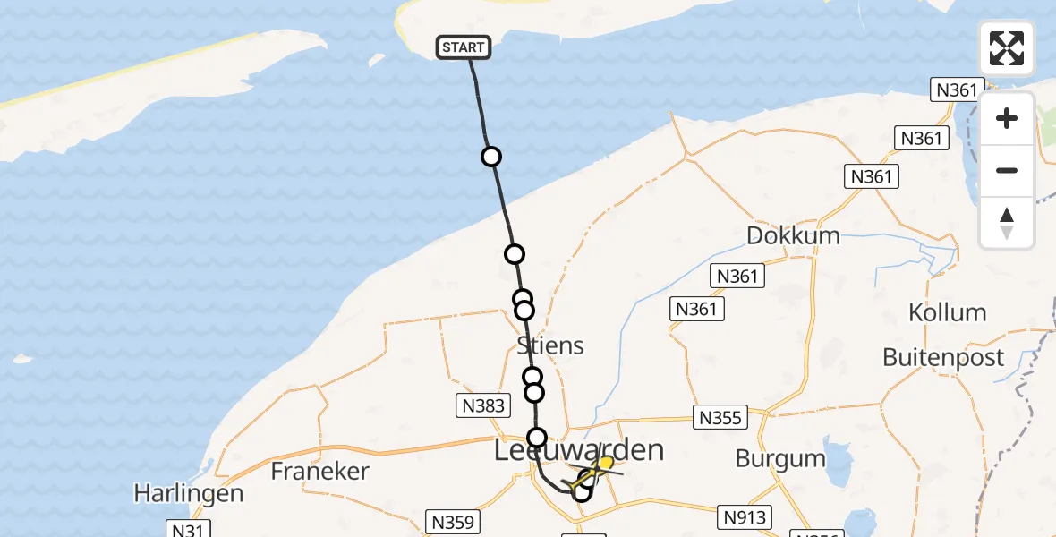 Routekaart van de vlucht: Ambulancehelikopter naar Leeuwarden, Uithoek