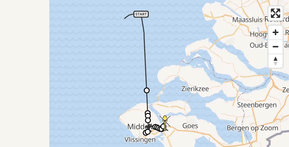 Routekaart van de vlucht: Kustwachthelikopter naar Vliegveld Midden-Zeeland, Calandweg