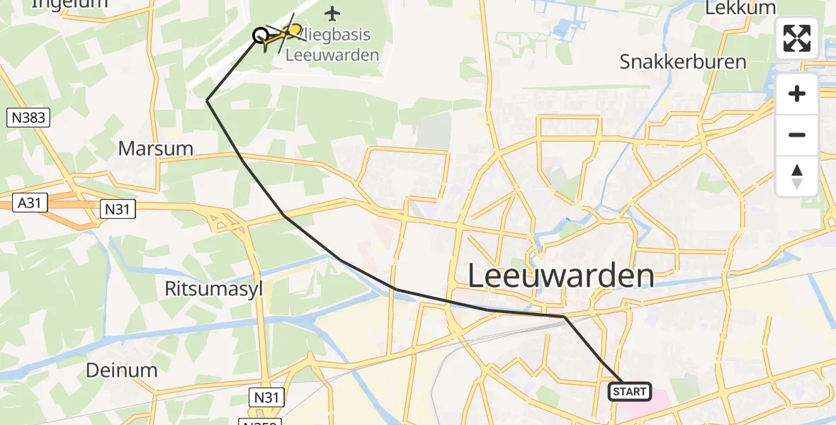 Vluchtroute Ambulancehelikopter van Leeuwarden naar Vliegbasis Leeuwarden