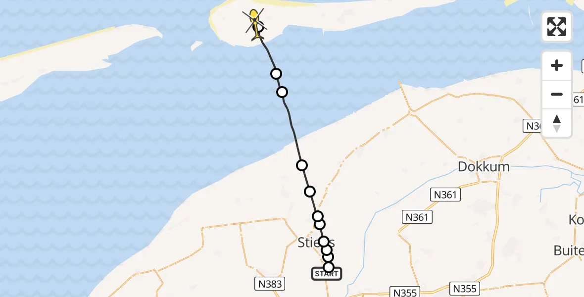 Routekaart van de vlucht: Ambulanceheli naar Ameland Airport Ballum, De Joussen