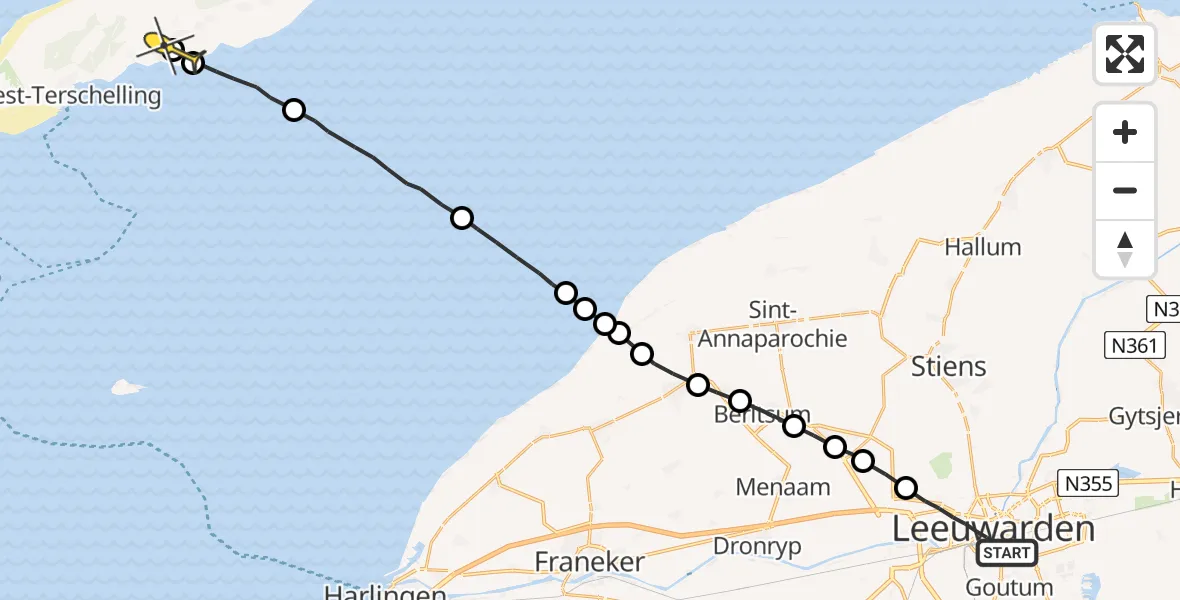 Routekaart van de vlucht: Ambulancehelikopter naar Kinnum, Vondelstraat