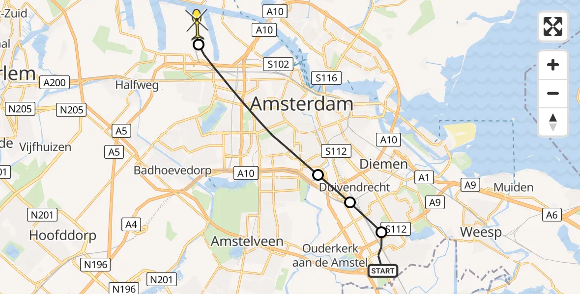 Routekaart van de vlucht: Lifeliner 1 naar Amsterdam Heliport, Nieuwlandhof