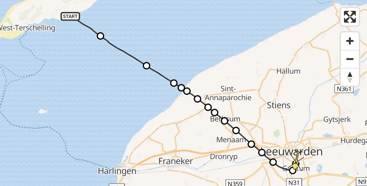 Routekaart van de vlucht: Ambulanceheli naar Leeuwarden, De Keag
