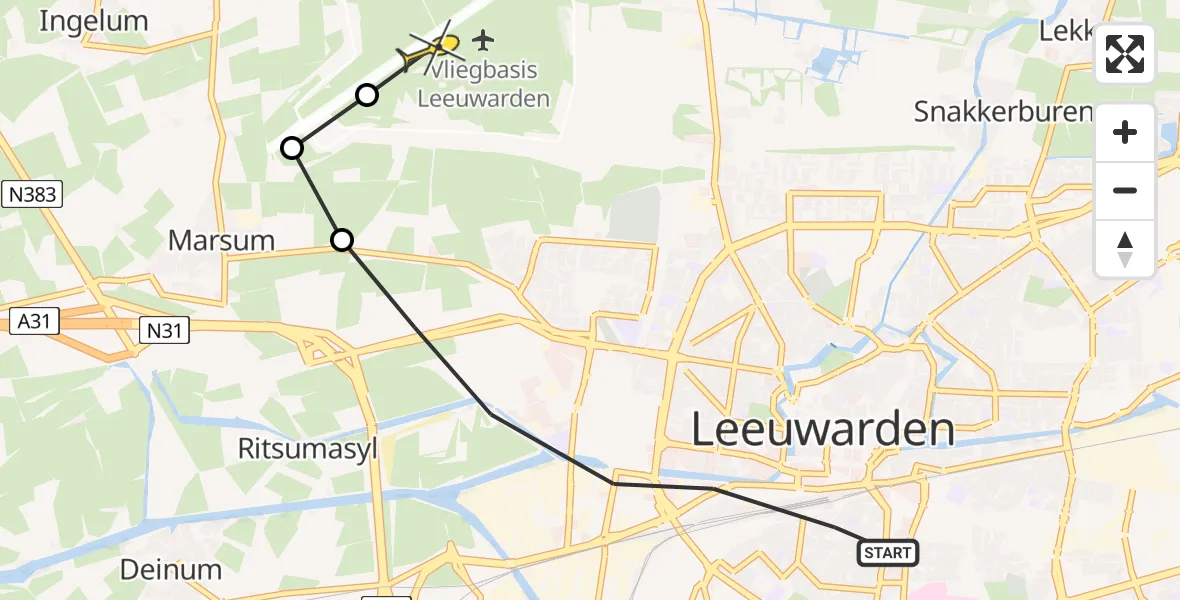 Routekaart van de vlucht: Ambulanceheli naar Vliegbasis Leeuwarden, Snekertrekweg