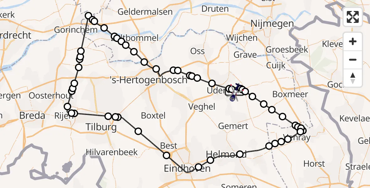 Vluchtroute Politiehelikopter van Vliegbasis Volkel naar Vliegbasis Volkel