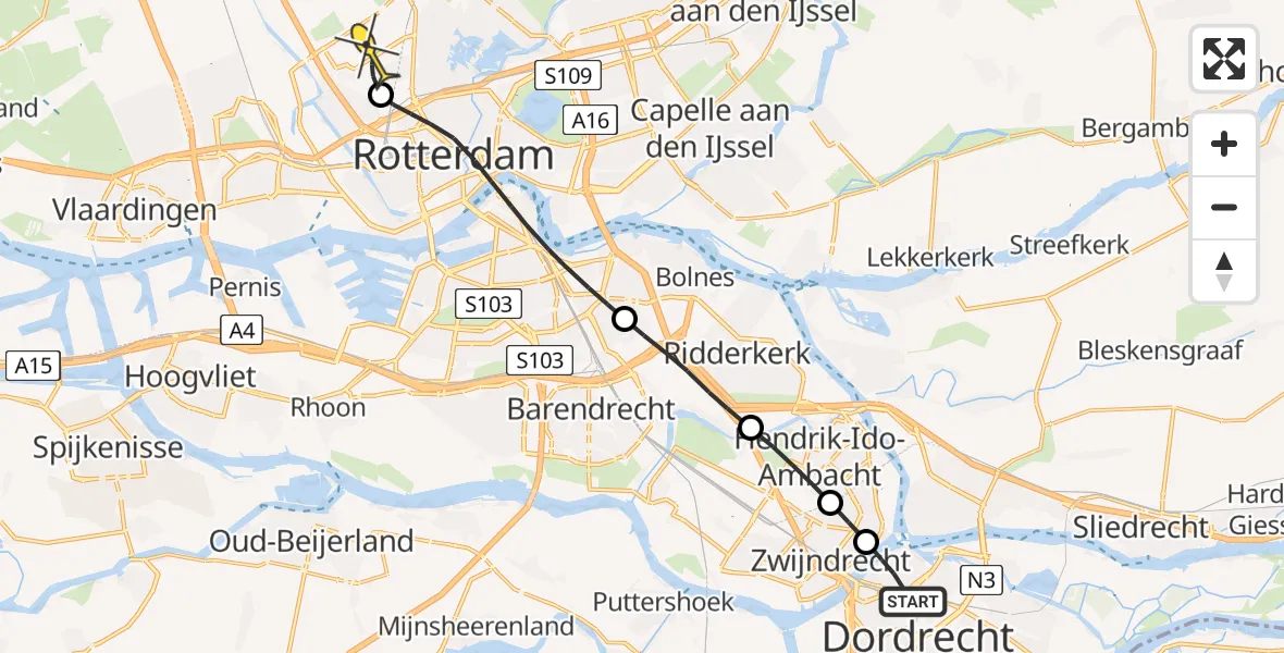 Routekaart van de vlucht: Lifeliner 2 naar Rotterdam The Hague Airport, Hoge Nieuwstraat