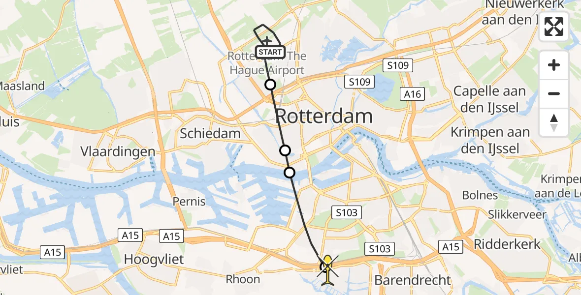 Routekaart van de vlucht: Lifeliner 2 naar Rhoon, Fairoaksbaan