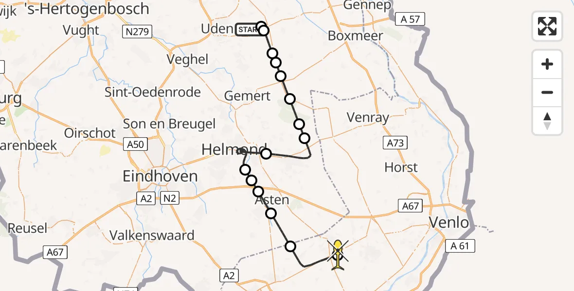 Routekaart van de vlucht: Politieheli naar Meijel, Zeelandsedijk